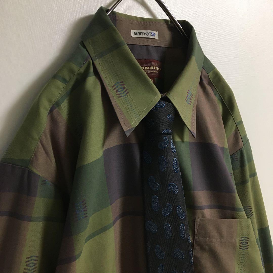 ネクタイシャツ 古着 ペイズリー柄シルクネクタイ チェックジャガードシャツ緑 紫