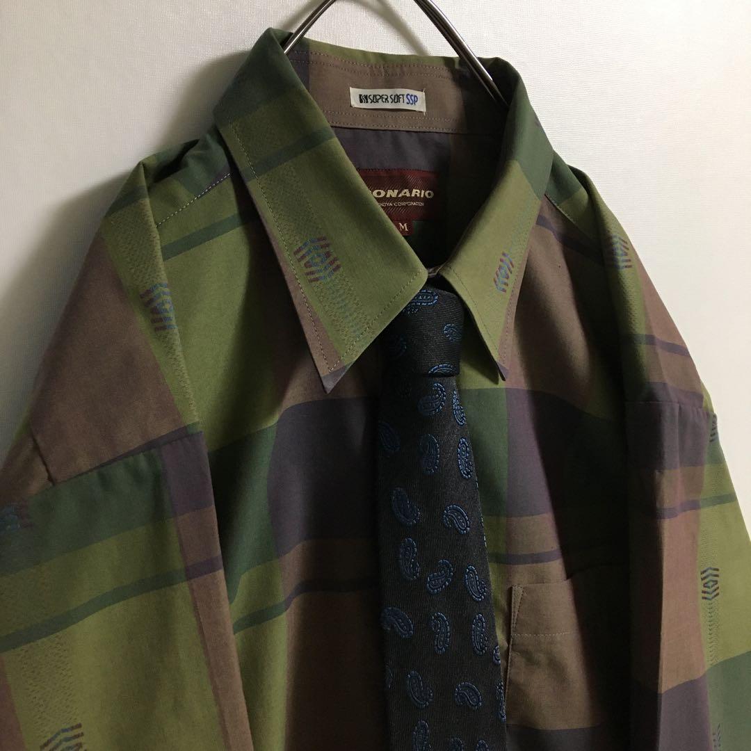 ネクタイシャツ 古着 ペイズリー柄シルクネクタイ チェックジャガードシャツ緑 紫