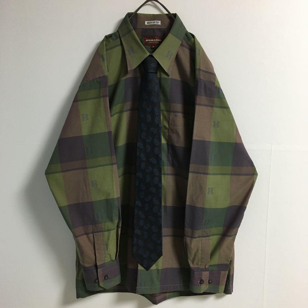 ネクタイシャツ 古着 ペイズリー柄シルクネクタイ チェックジャガードシャツ緑 紫