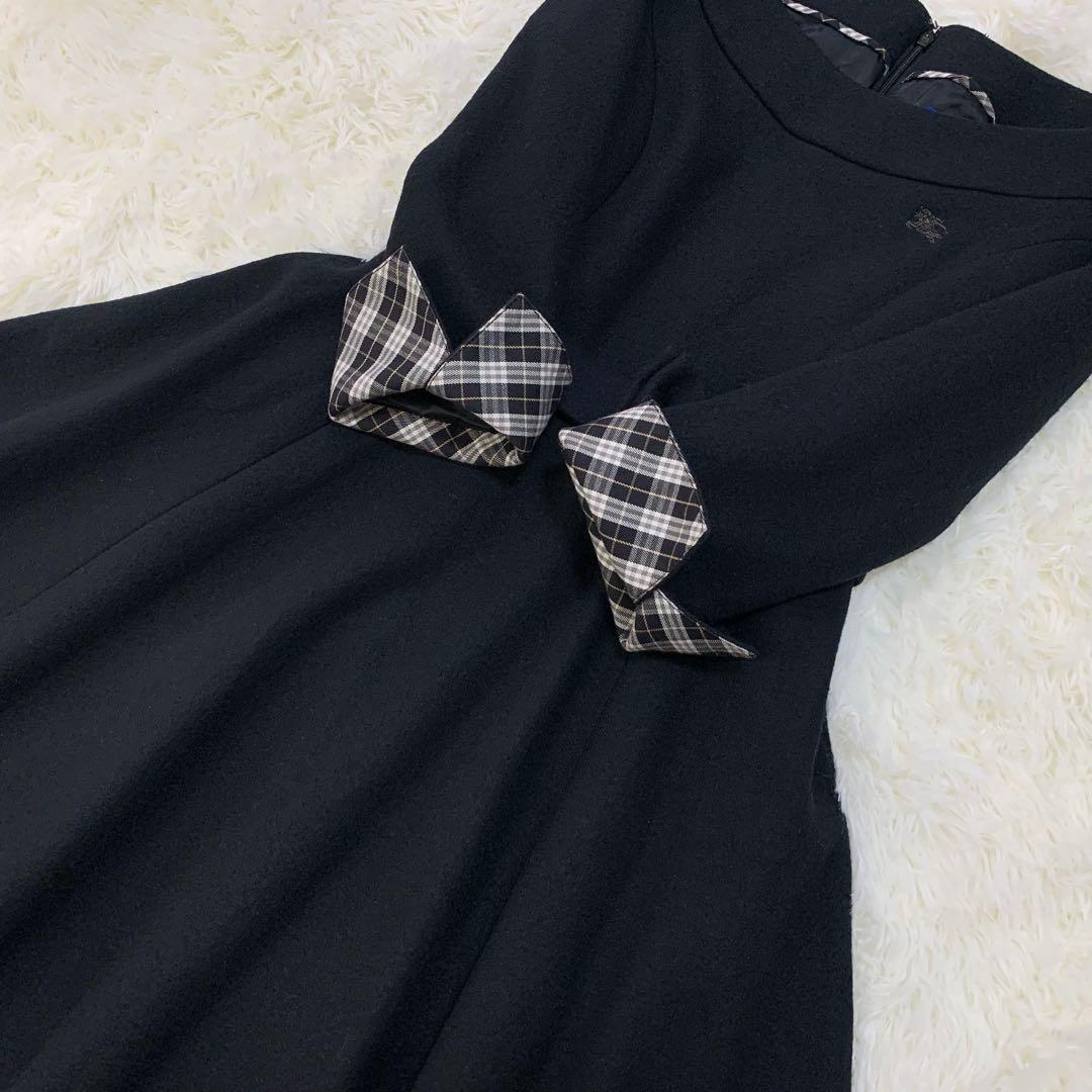 バーバリーブルーレーベル ウール フレア ワンピース リボンベルト ノバチェック