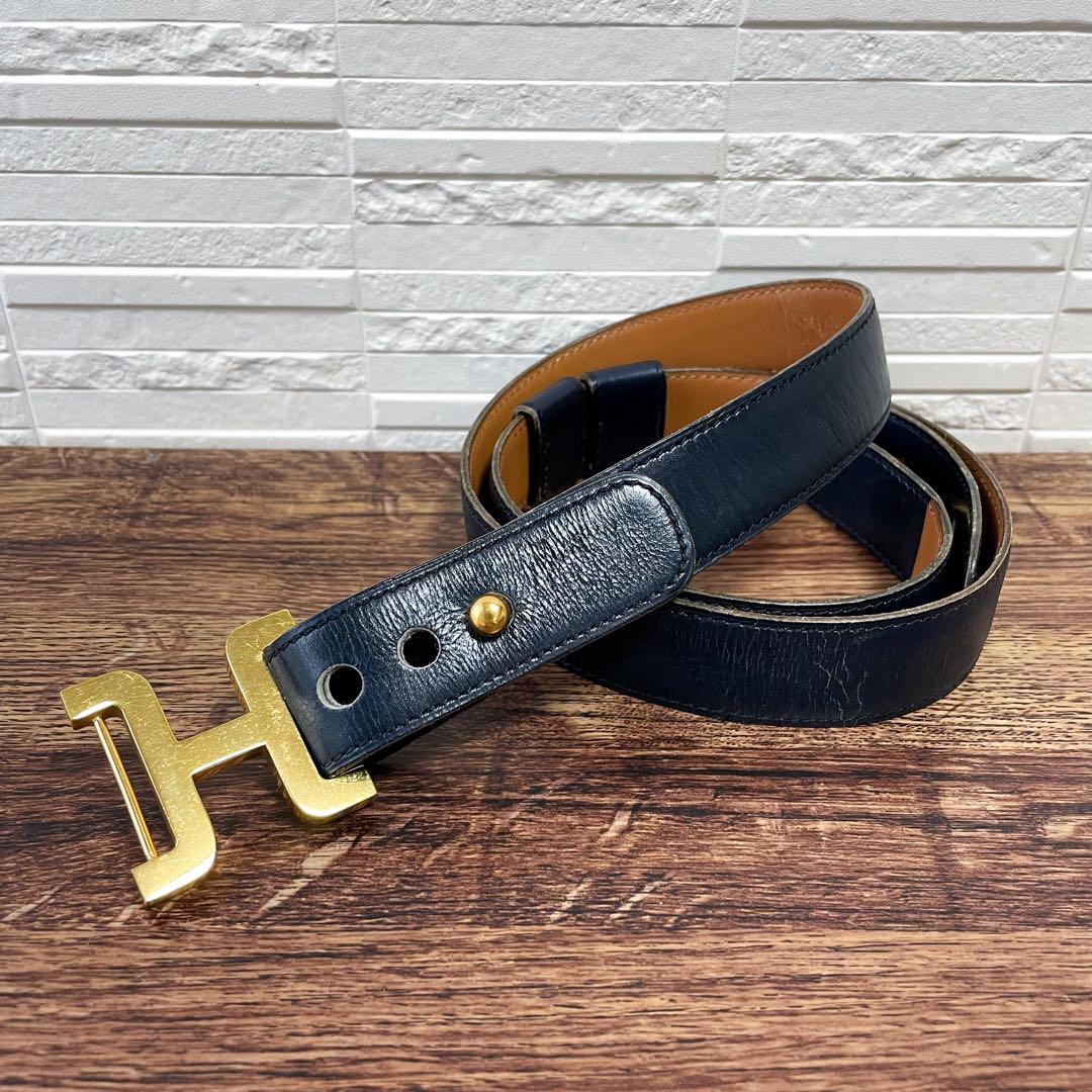 エルメス レザー Hバックル ゴールド 金具 ベルト ネイビー ブラウン.