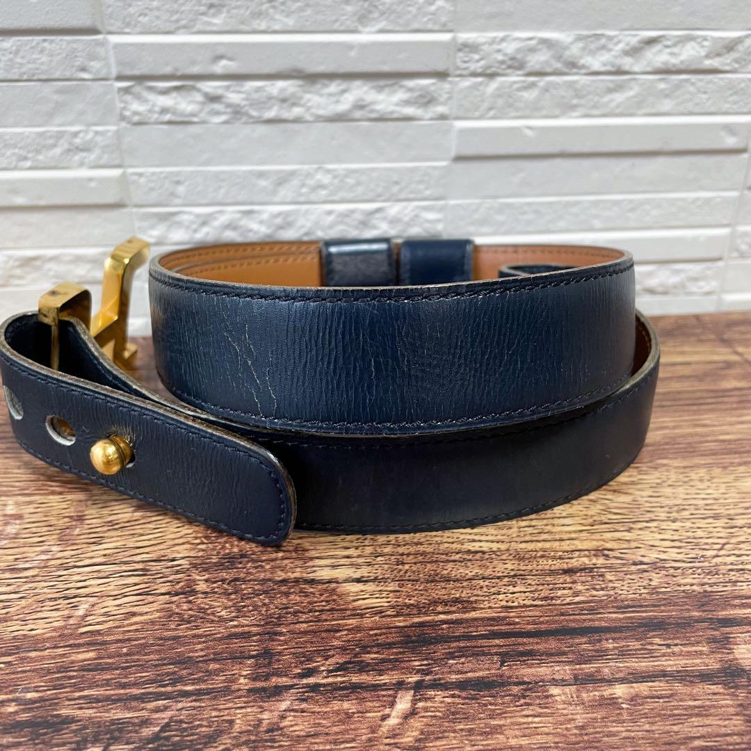 エルメス レザー Hバックル ゴールド 金具 ベルト ネイビー ブラウン.