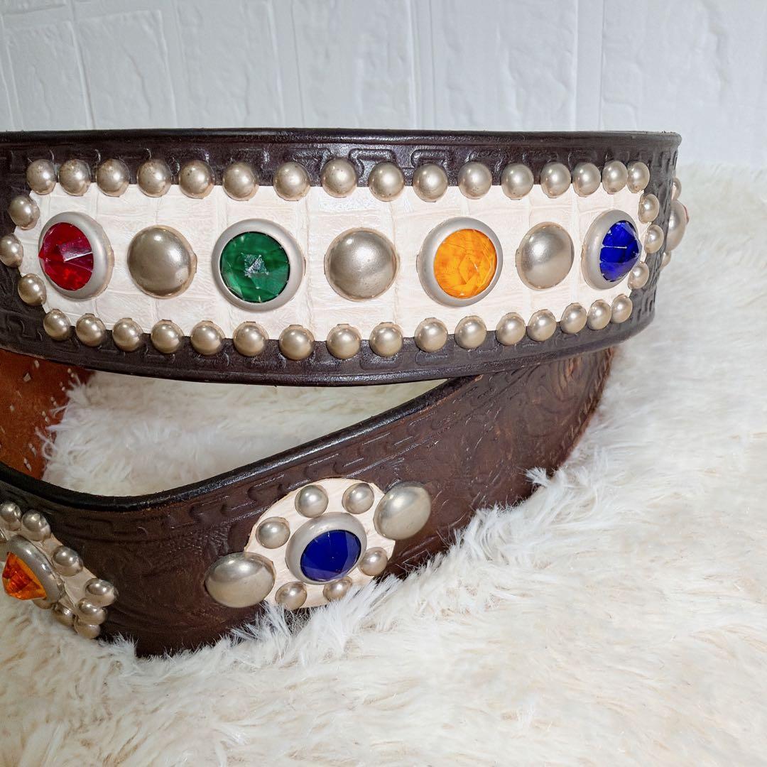 【希少デザイン】カウレザー　本革　スタッズ　ビジュー　ウエスタンベルト　メンズ