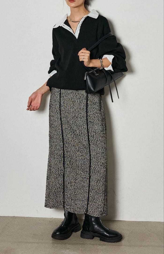 （ESICA/エシカ）襟付きポロトップス+ラインツイードワイドスカート　2set