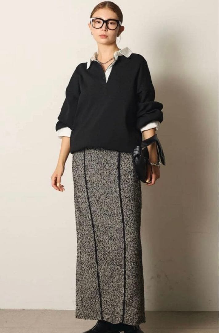 （ESICA/エシカ）襟付きポロトップス+ラインツイードワイドスカート　2set