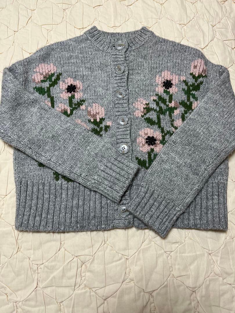 seventen フラワー刺繍ニットカーディガン(グレー)