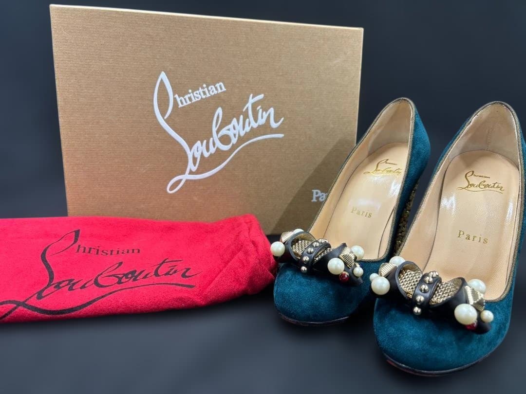 ☆ビジュー付☆ルブタン ハイヒール 35 1/2 パンプス チャンキー 刺繍風