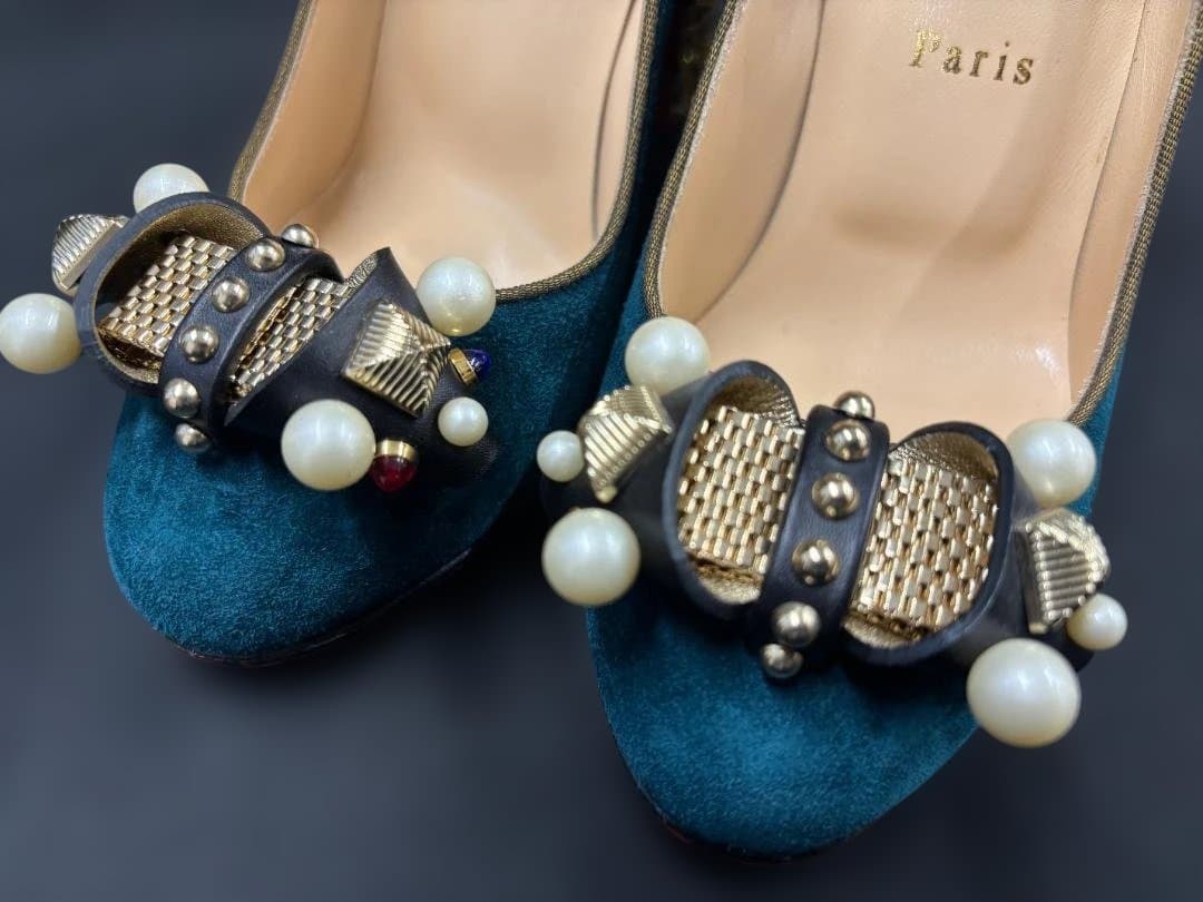 ☆ビジュー付☆ルブタン ハイヒール 35 1/2 パンプス チャンキー 刺繍風