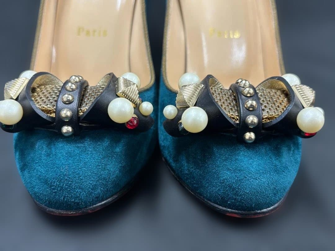 ☆ビジュー付☆ルブタン ハイヒール 35 1/2 パンプス チャンキー 刺繍風