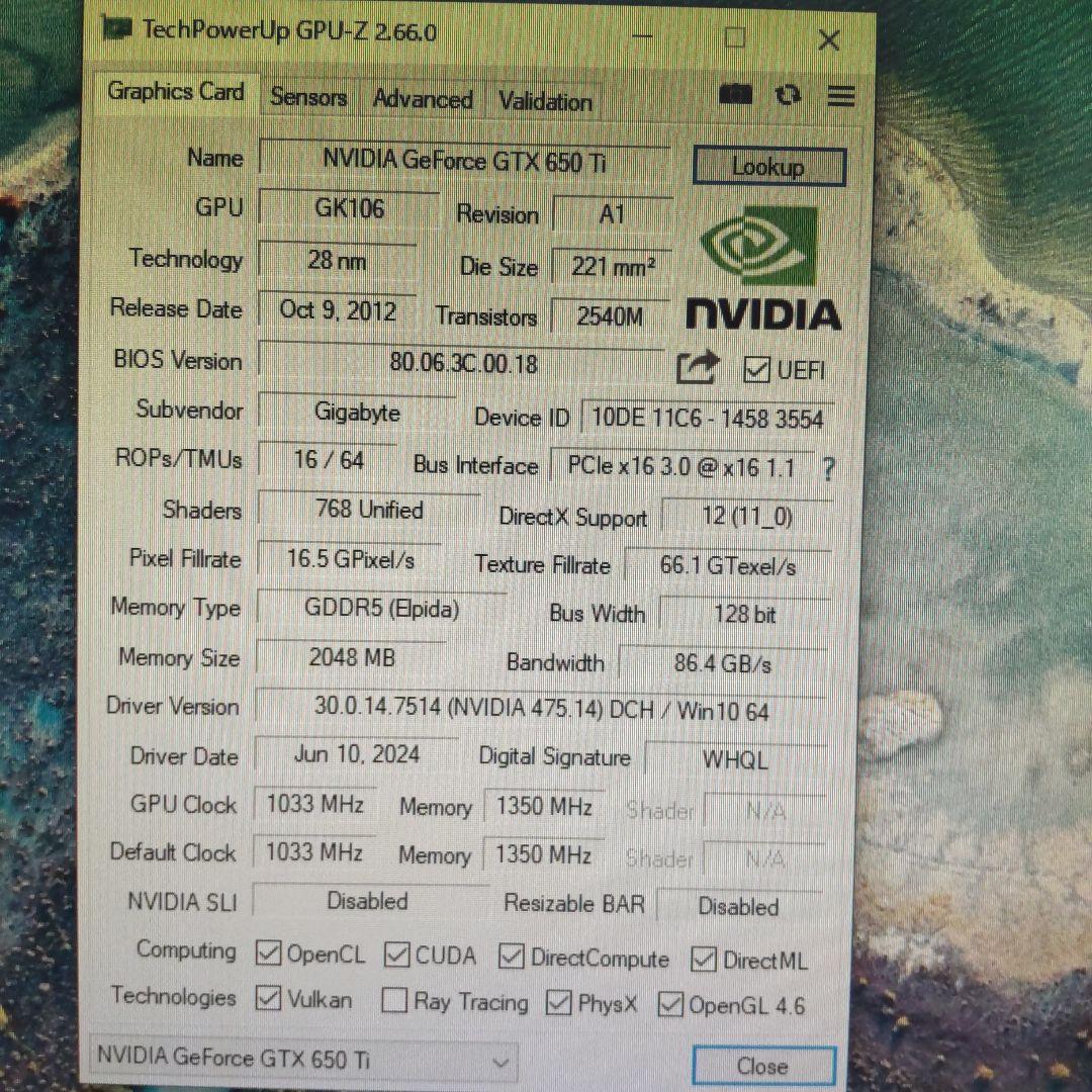 Gigabyte GeForce GTX 650 Ti 2GBグラボ 美品