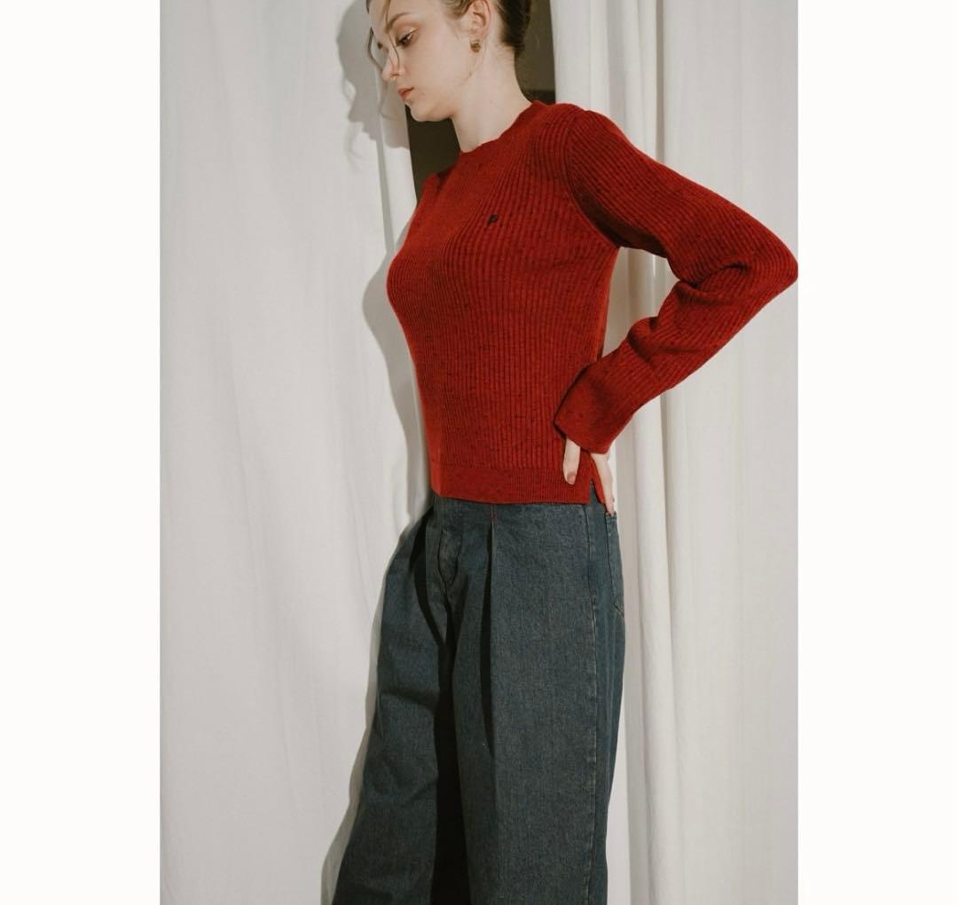 PINUE カラーネップリブニットトップス　RED