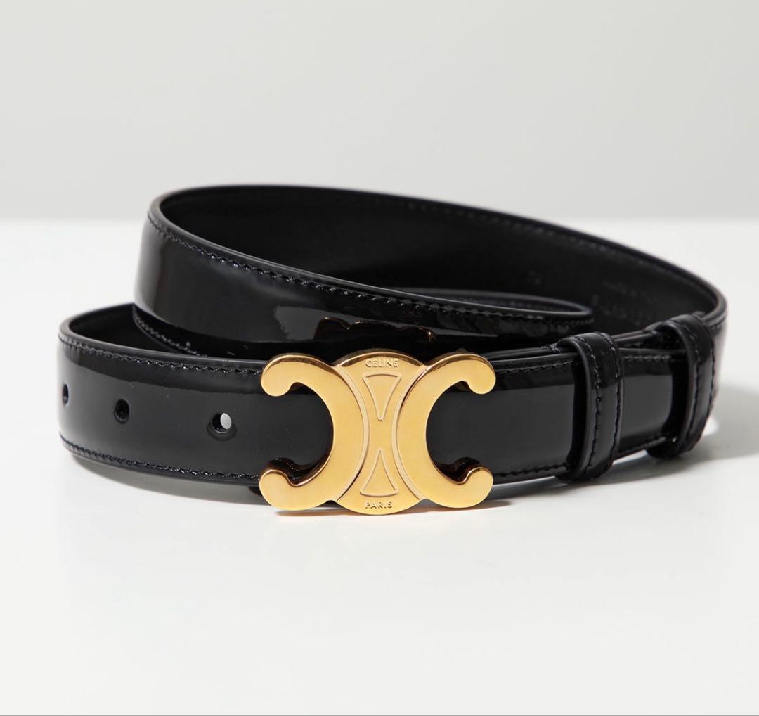 CELINE ブラックレザー ベルト ゴールドバックル
