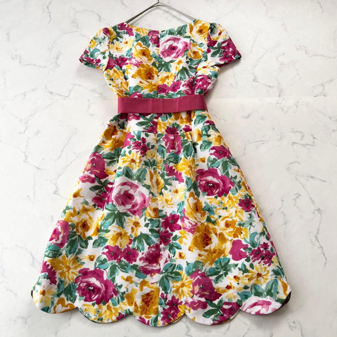 美品 エムズグレイシー 花柄 スカラップ ワンピース リボン パフスリーブ 38