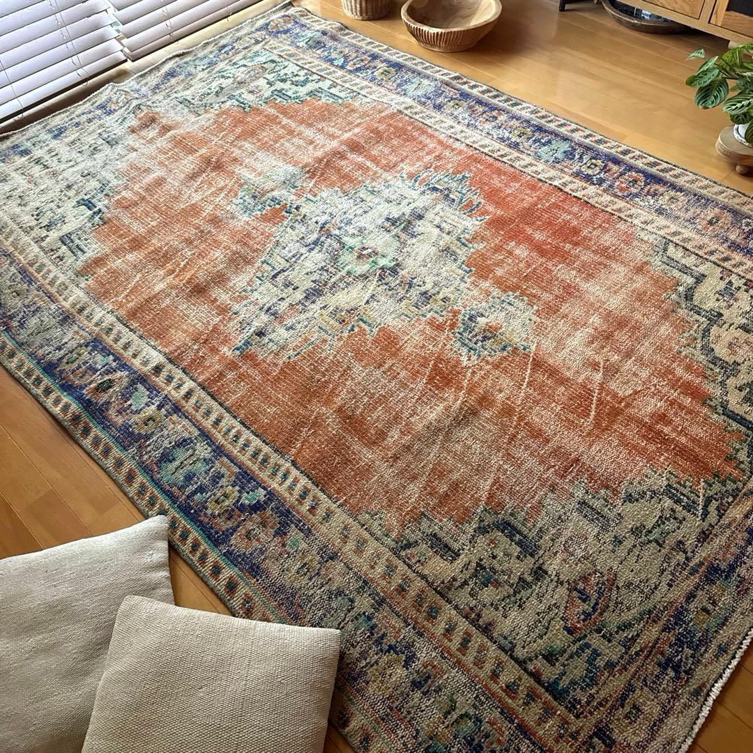 大判162×227 夕焼けオレンジ　貴重　メダリオン　トルコヴィンテージラグ