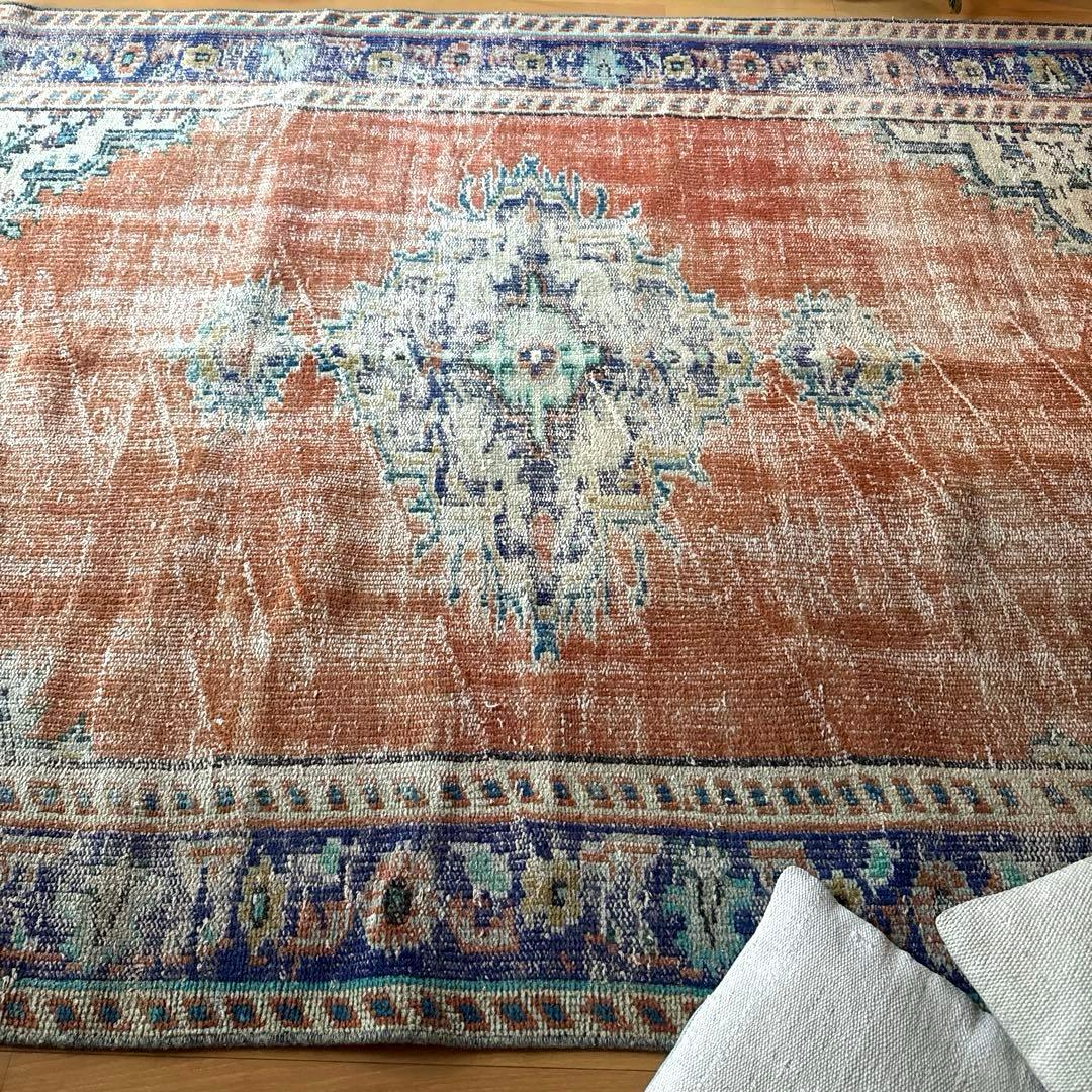 大判162×227 夕焼けオレンジ　貴重　メダリオン　トルコヴィンテージラグ