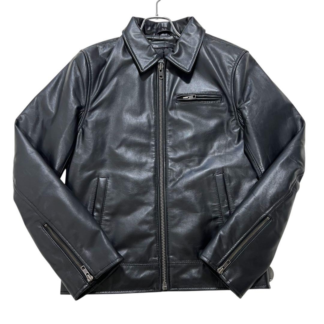 極美品 リューグーレザーズ 襟付シングルライダースジャケット S ブラック 牛革
