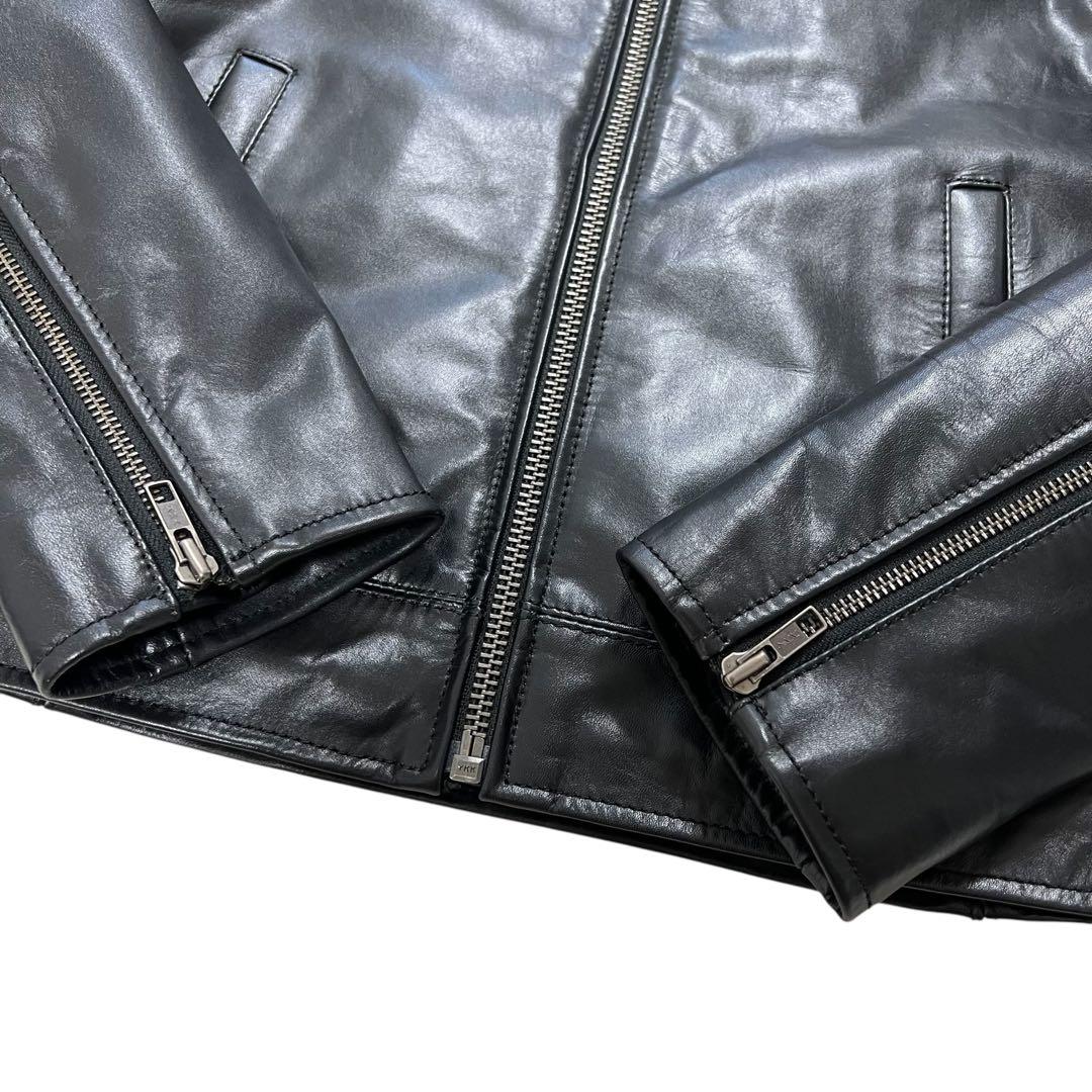 極美品 リューグーレザーズ 襟付シングルライダースジャケット S ブラック 牛革