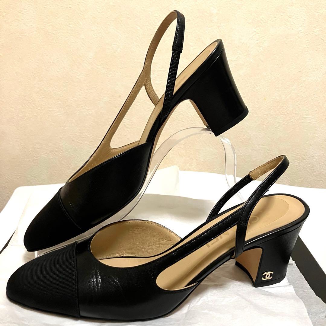 【美品】CHANEL シャネル スリングバック シューズ 38.5 ブラック