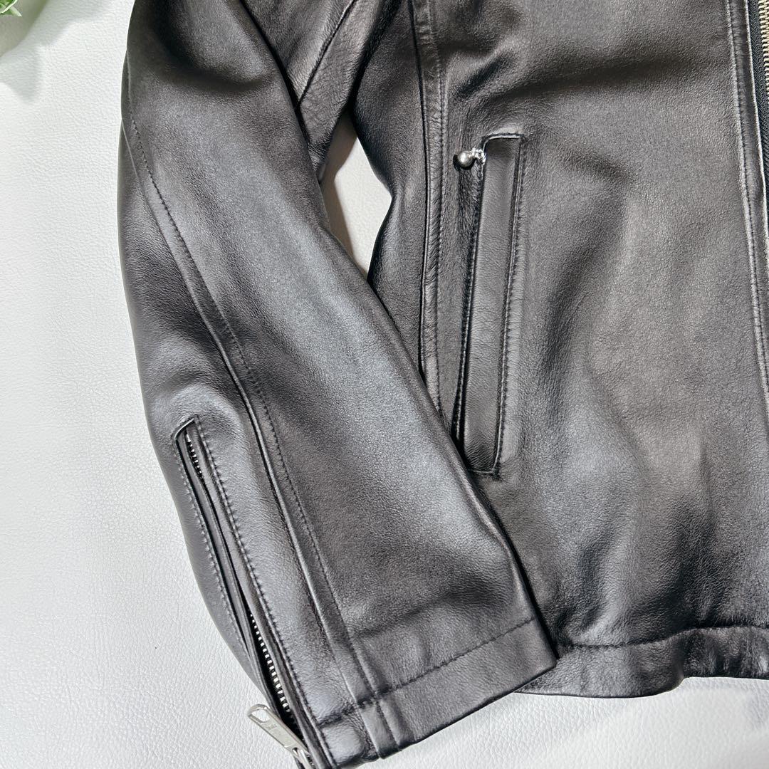 美品 SHIPS 黒ラムレザー シングルライダースジャケット Lサイズ