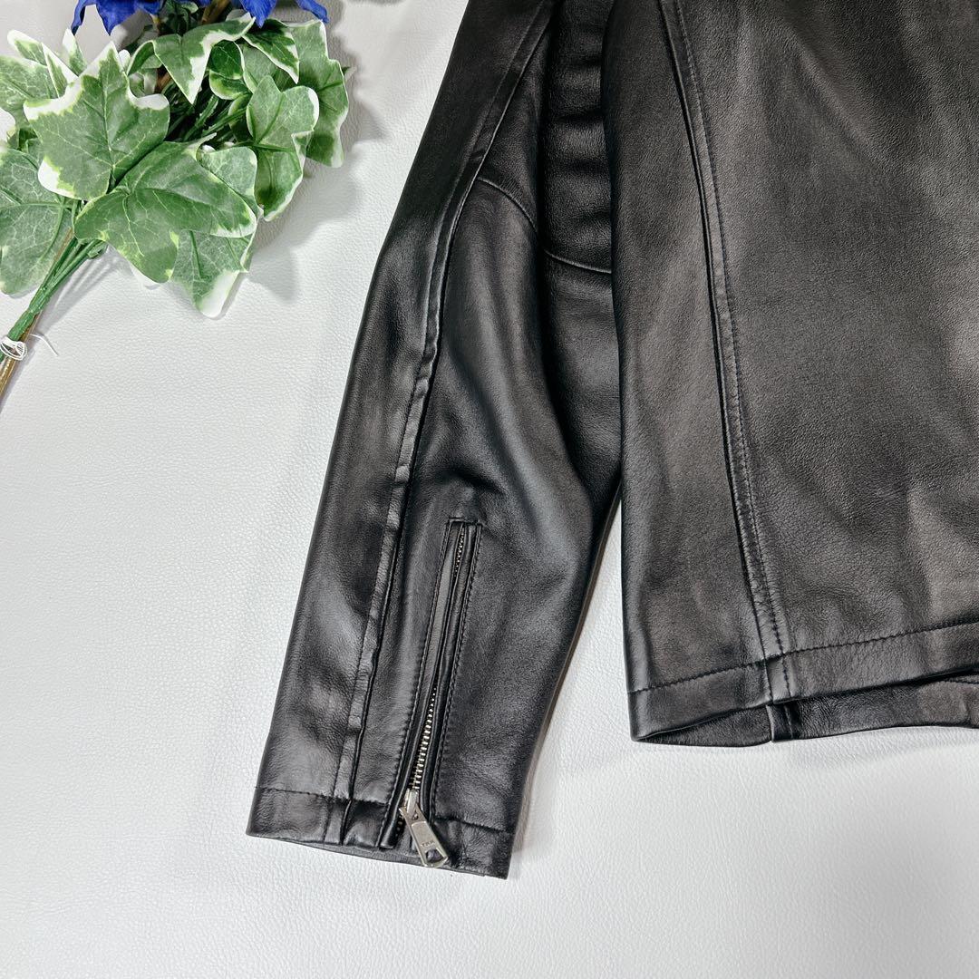 美品 SHIPS 黒ラムレザー シングルライダースジャケット Lサイズ