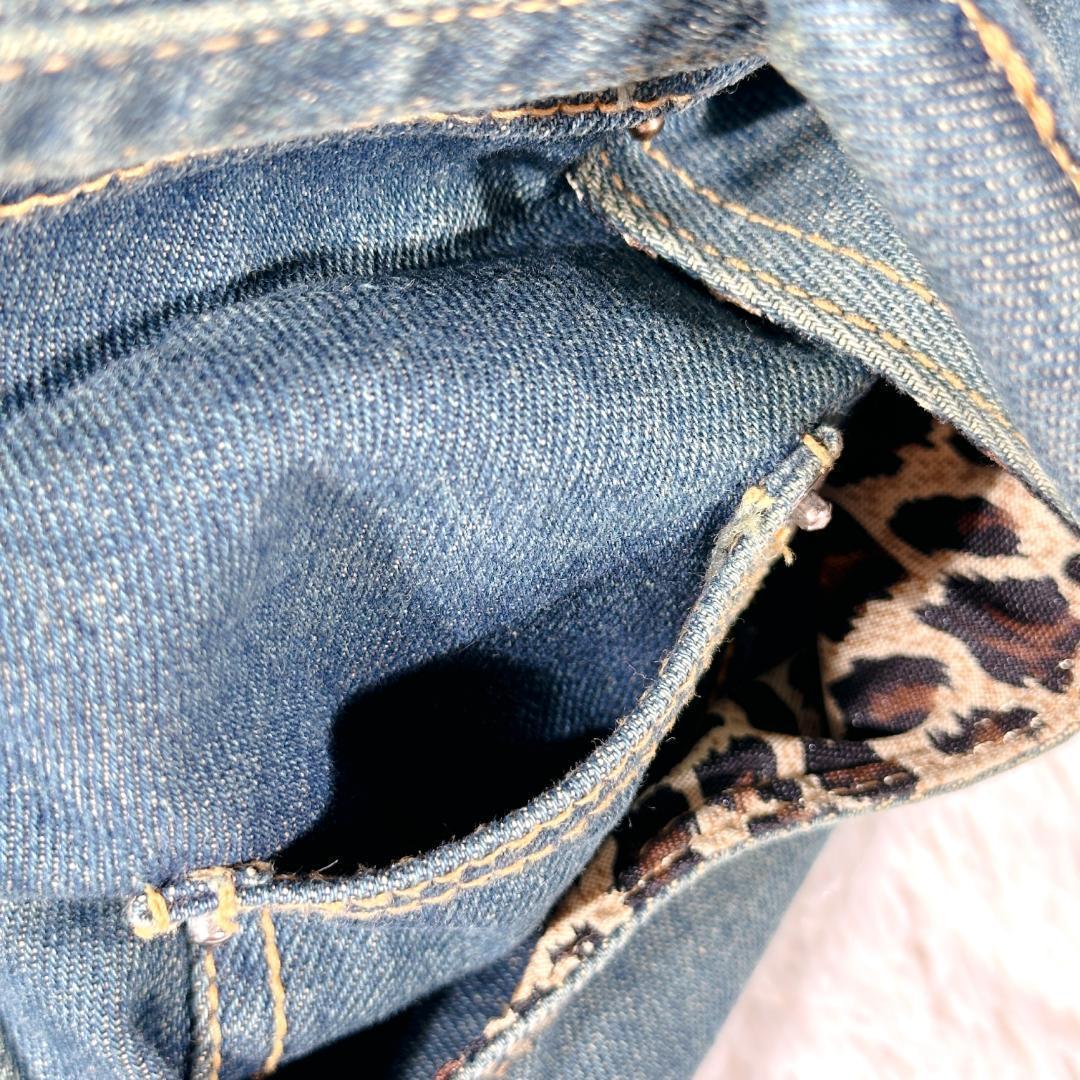 デニム ハンドバッグ ベルト リメイク ジーンズ 豹柄 鍵付 南京錠
