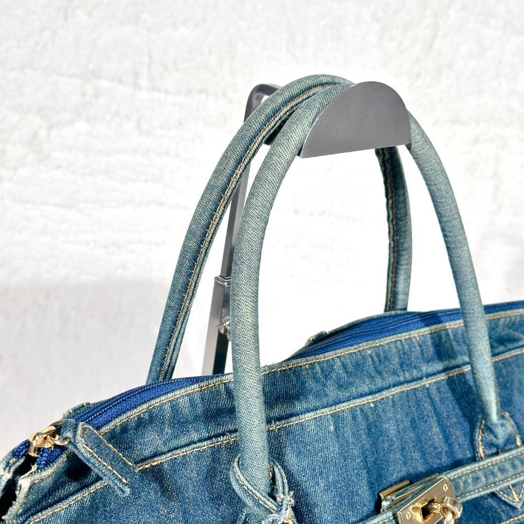 デニム ハンドバッグ ベルト リメイク ジーンズ 豹柄 鍵付 南京錠