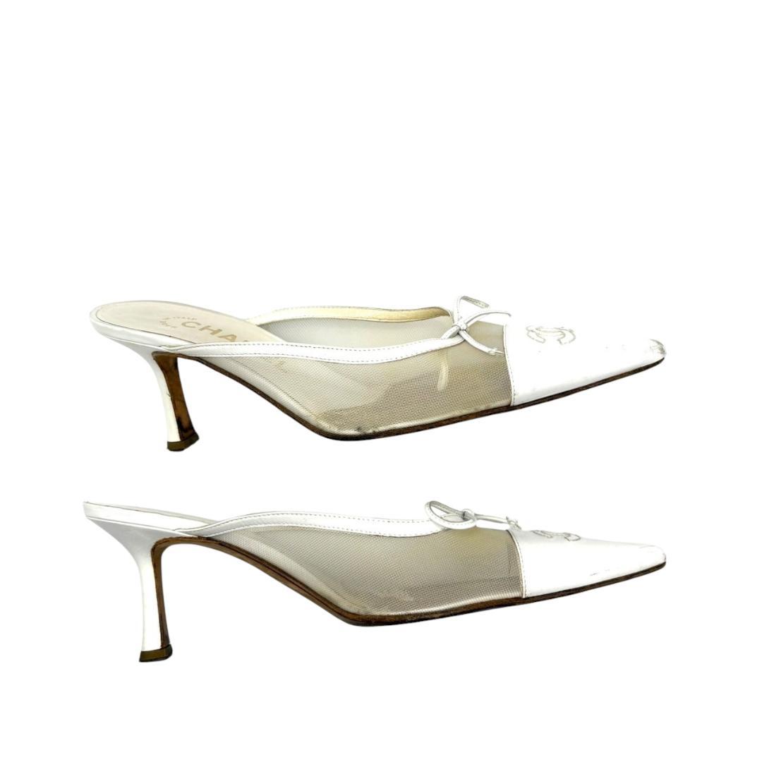 シャネル CHANEL 白 ミュール メッシュ ココマーク