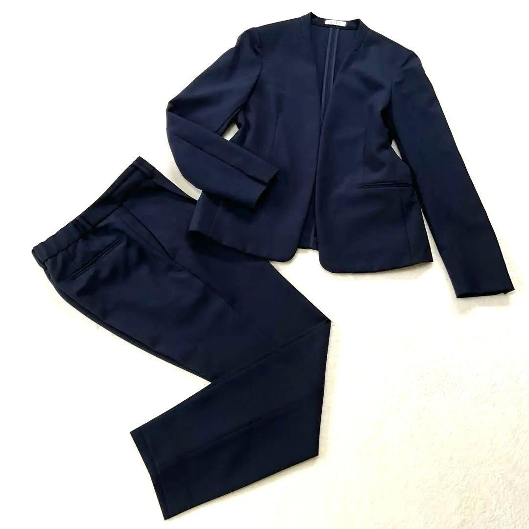 【美品】プラステ ノーカラー セットアップ パンツ スーツ ネイビー Ｌ