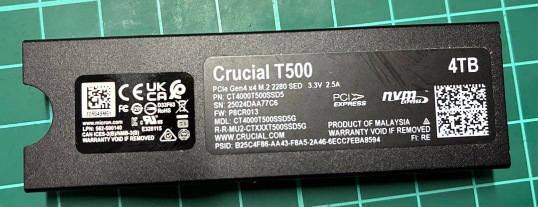 Crucial T500 4TB PCIe Gen4 NVMeヒートシンク付き