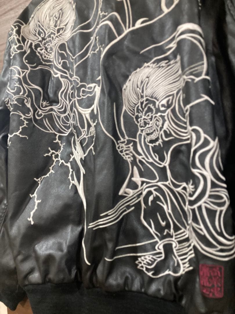 ◆ 風神雷神 和柄 スカジャン ブラック Lサイズ ◆ 絡繰魂