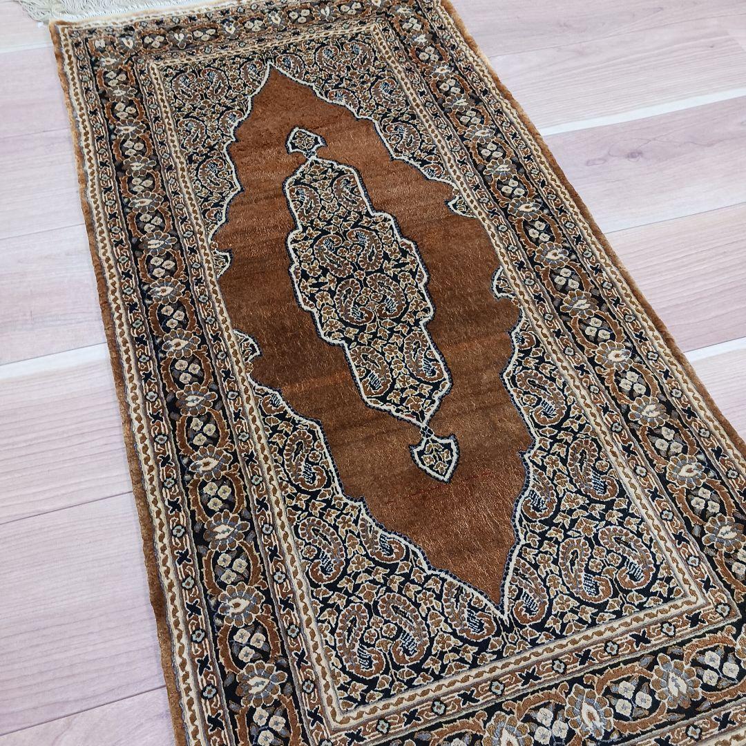 Y3211 高級中国緞通 シルク100% 手織り260段 95×48㎝