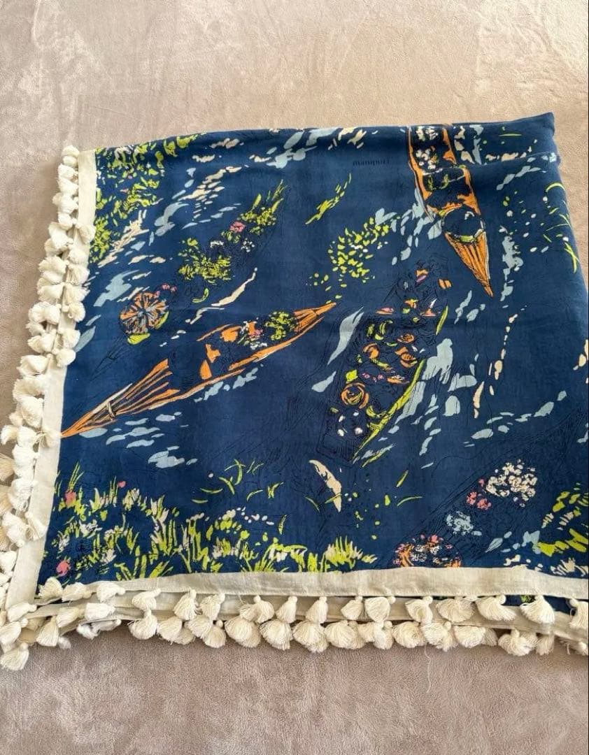 マニプリ ストール フリンジ　ネイビー シルクコットン　120
