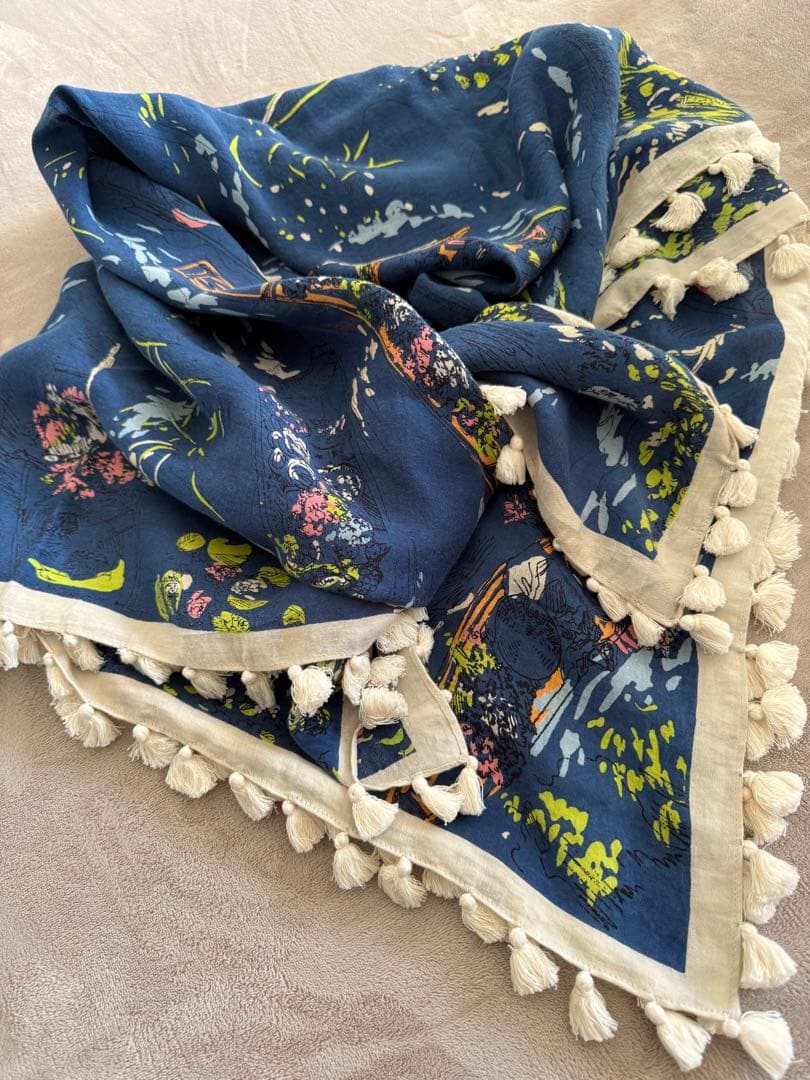マニプリ ストール フリンジ　ネイビー シルクコットン　120