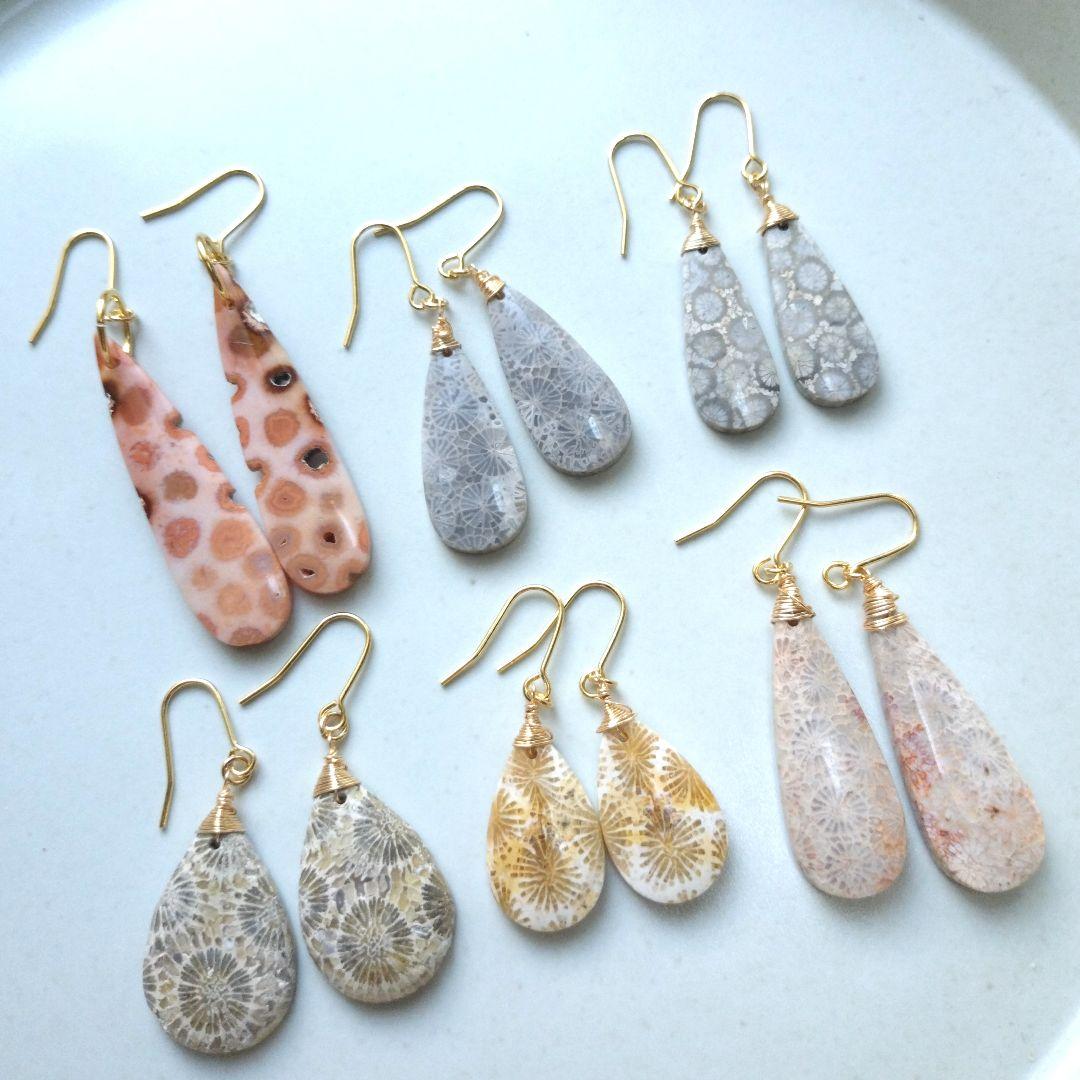 専用【F】珊瑚の化石 フォッシルコーラルのペアシェイプピアス