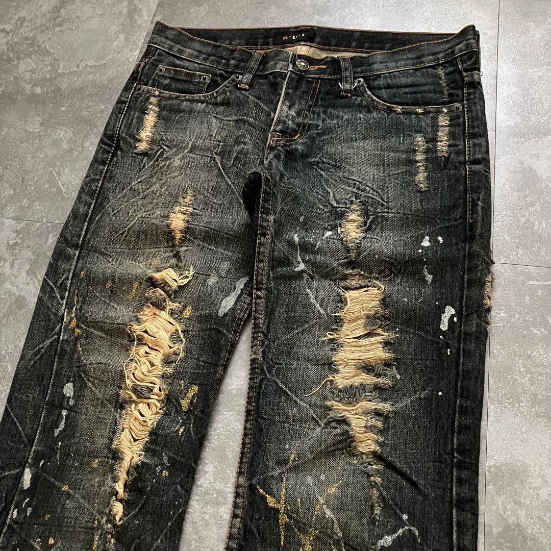 00s destroyed paint flare denim Y2Kクラッシュ