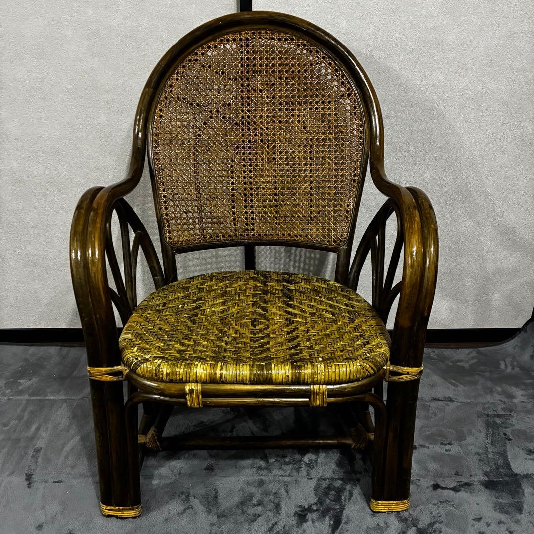 【希少】高級アンティーク家具　ラタン アームチェア レア　レトロ　カーキ