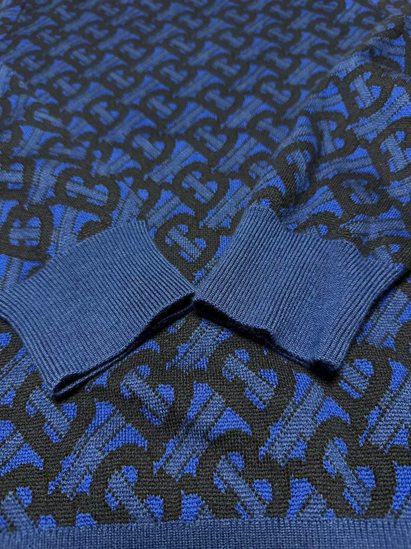 美品 BURBERRY ニット バーバリー セーター M TBロゴ 総柄 ブルー
