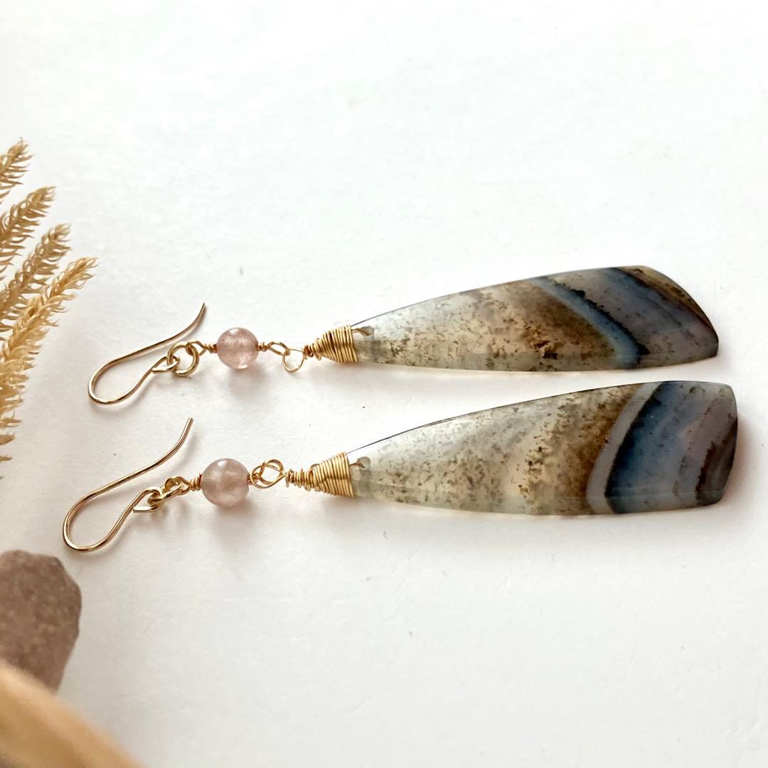 14kgf 天然石 一点物 モンタナアゲート 大ぶり ピアス イヤリング