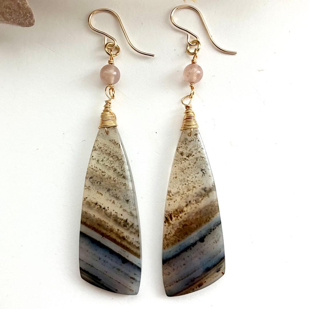 14kgf 天然石 一点物 モンタナアゲート 大ぶり ピアス イヤリング