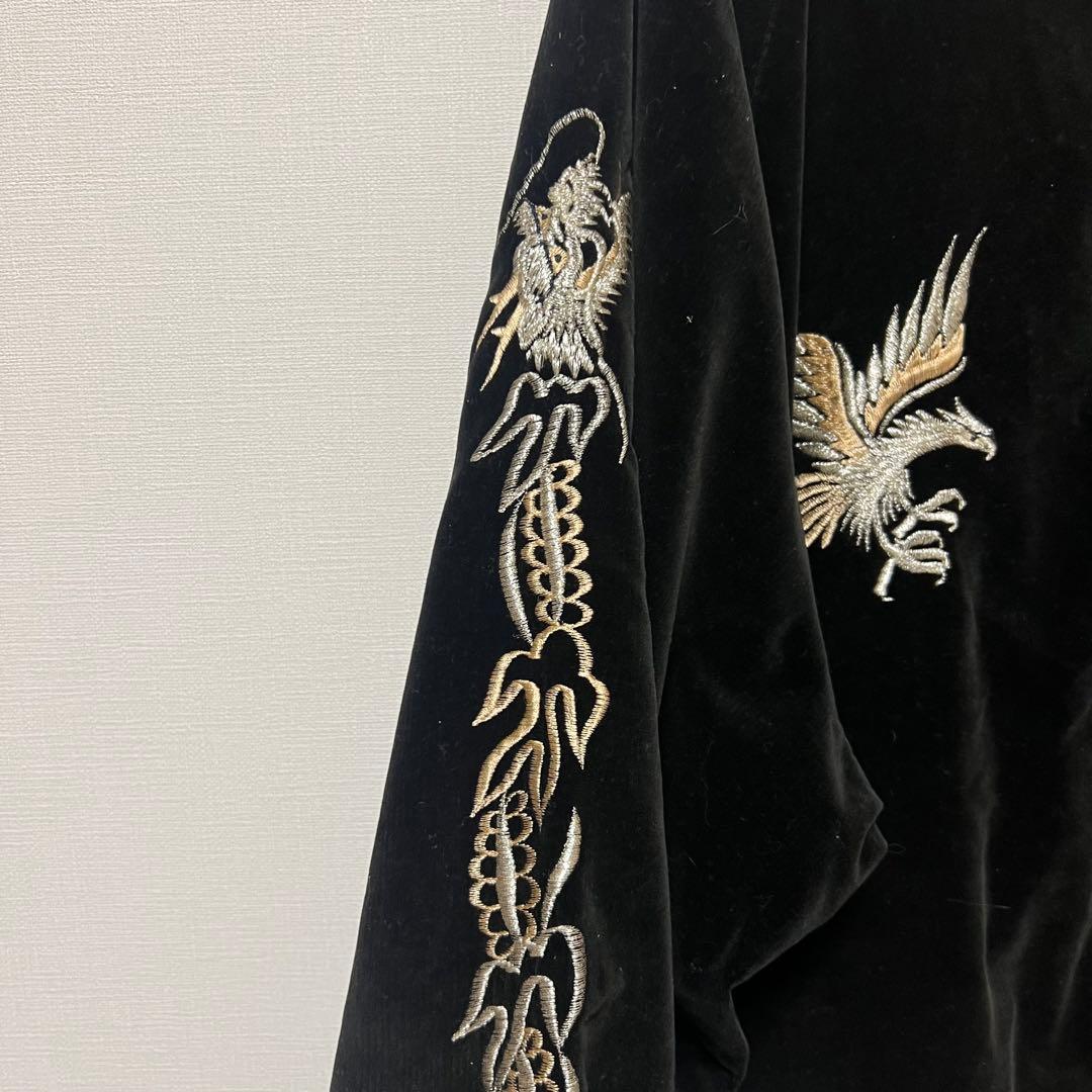 ヴィンテージ　ヤマコ　日本製 黒 スカジャン 鷹刺繍　龍刺繍　ベロア　和柄　Ｆ