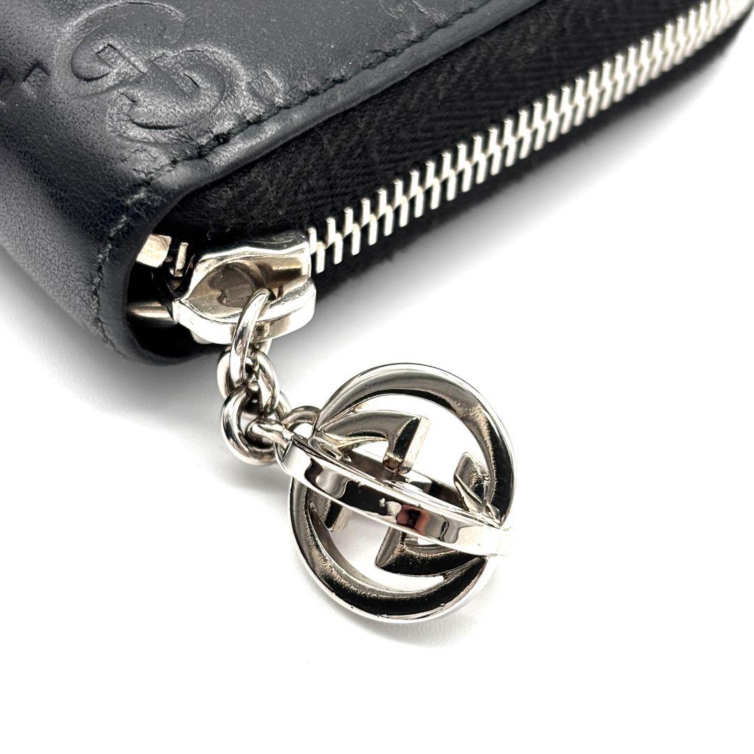 美品 グッチ 長財布 シマレザー GG ラウンドジップ ユニセックス ブラック