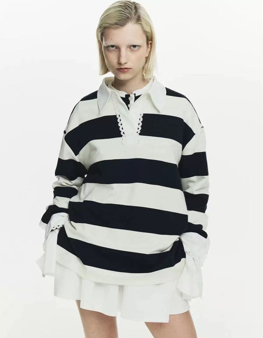 bibiy正規品ストライプ ポロシャツ 長袖 ネイビー ホワイト