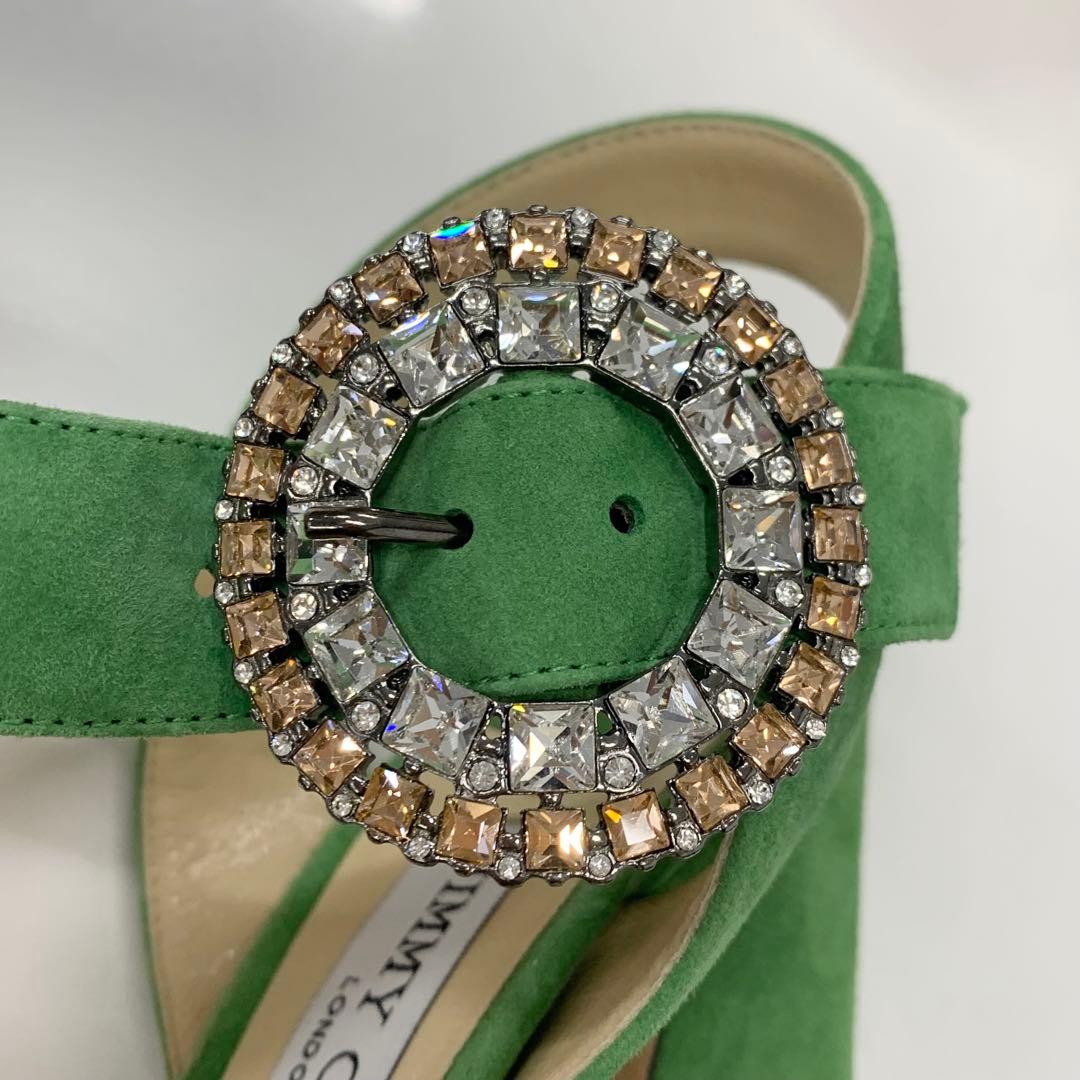 ジミーチュウ スエード ビジュー ストラップ サンダル ライトグリーン