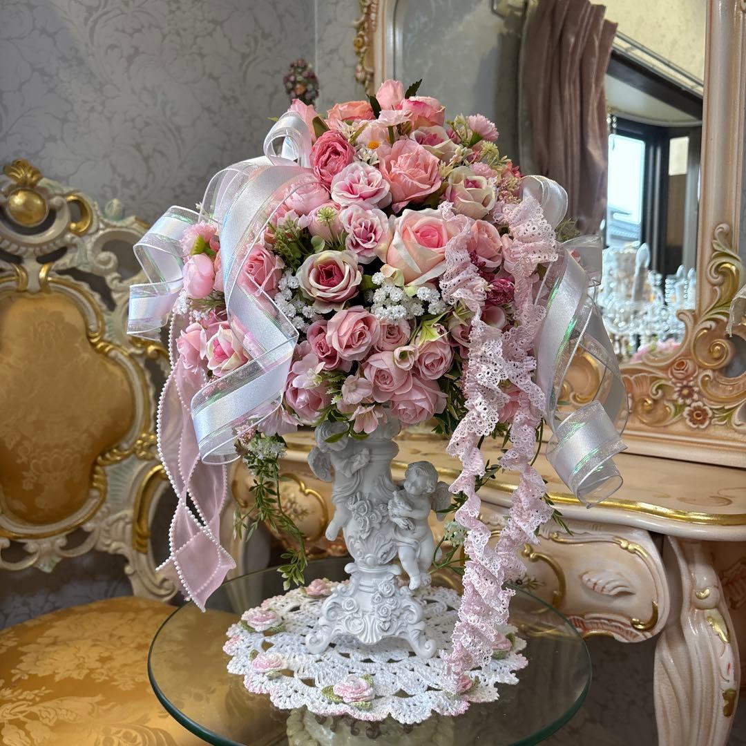 天使・ダブルフェイス・フラワーアレンジメント・レース・リボン