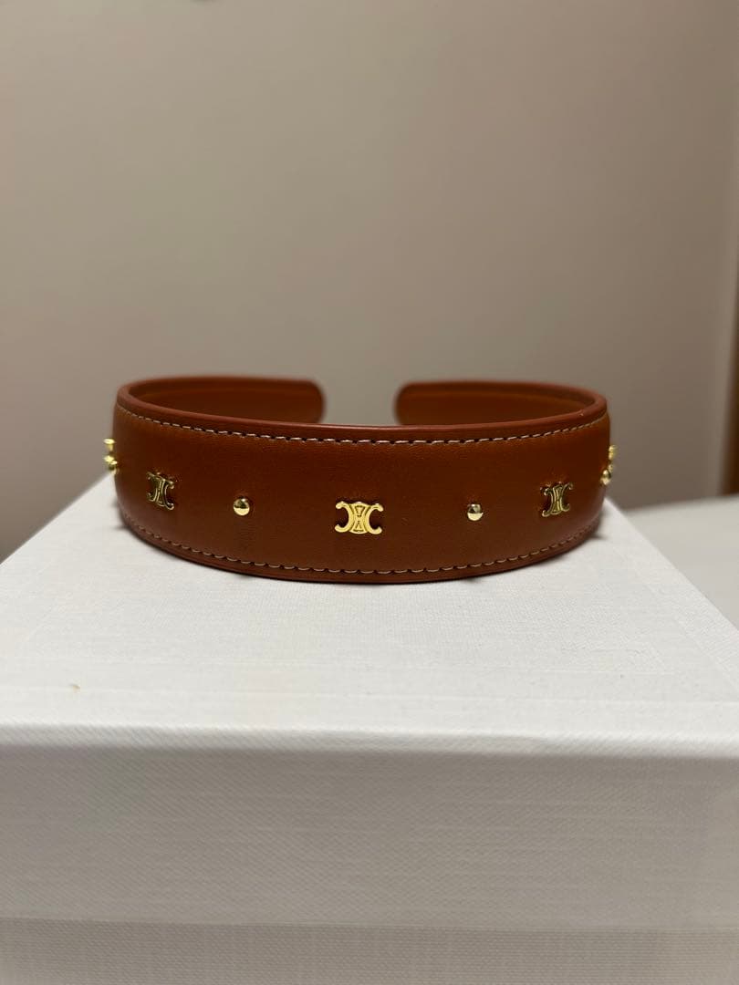 ブラウンレザー ゴールドスタッズ ヘッドバンド