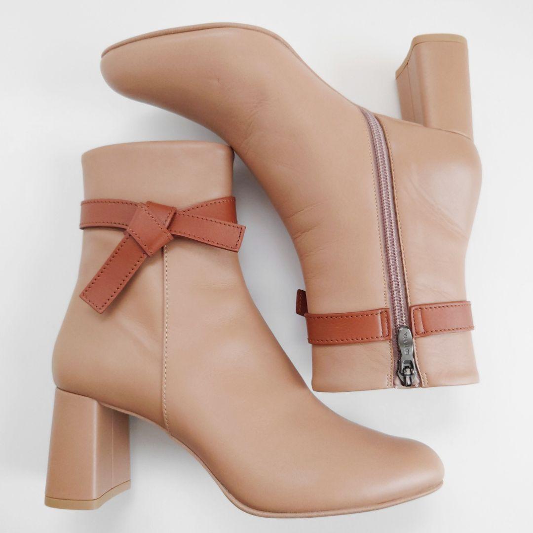 未使用 ダイアナ リボン チャンキーヒール レザー ブーツ サイドジップ 本革