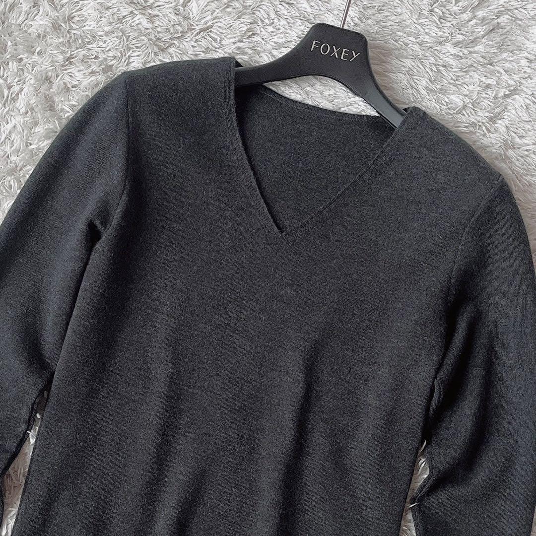 【美品】フォクシー ニットセーター 薄手カシミアシルク袖口フレンチレース グレー