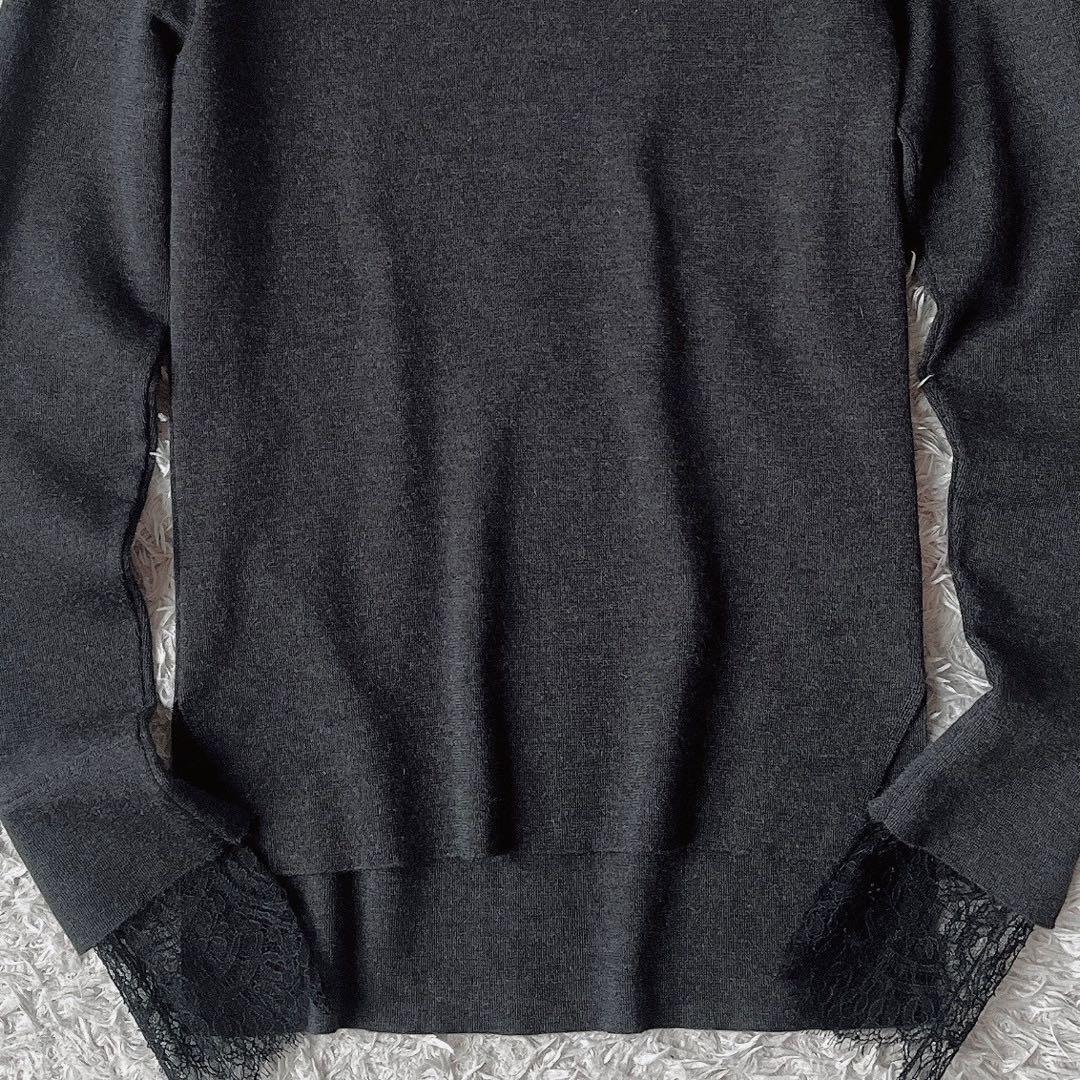 【美品】フォクシー ニットセーター 薄手カシミアシルク袖口フレンチレース グレー