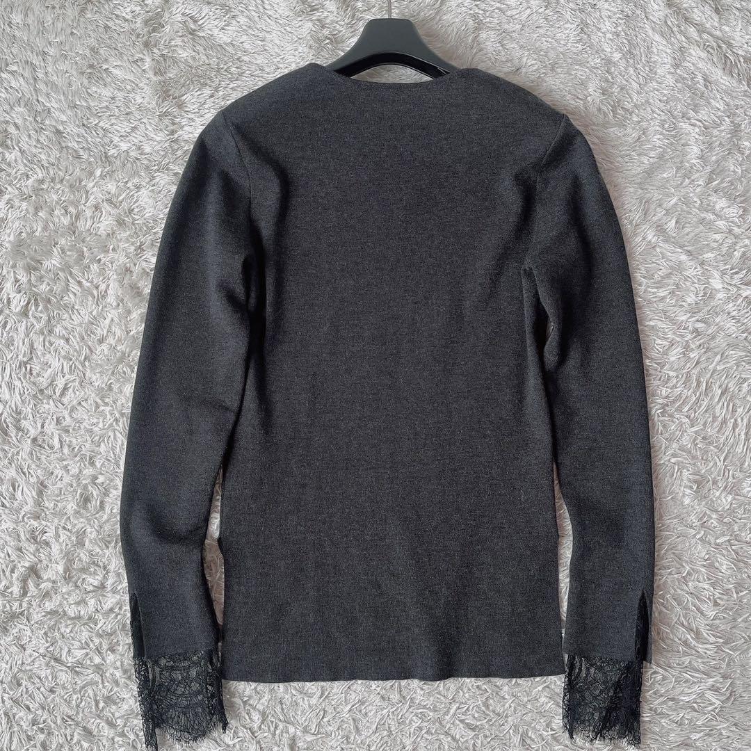 【美品】フォクシー ニットセーター 薄手カシミアシルク袖口フレンチレース グレー