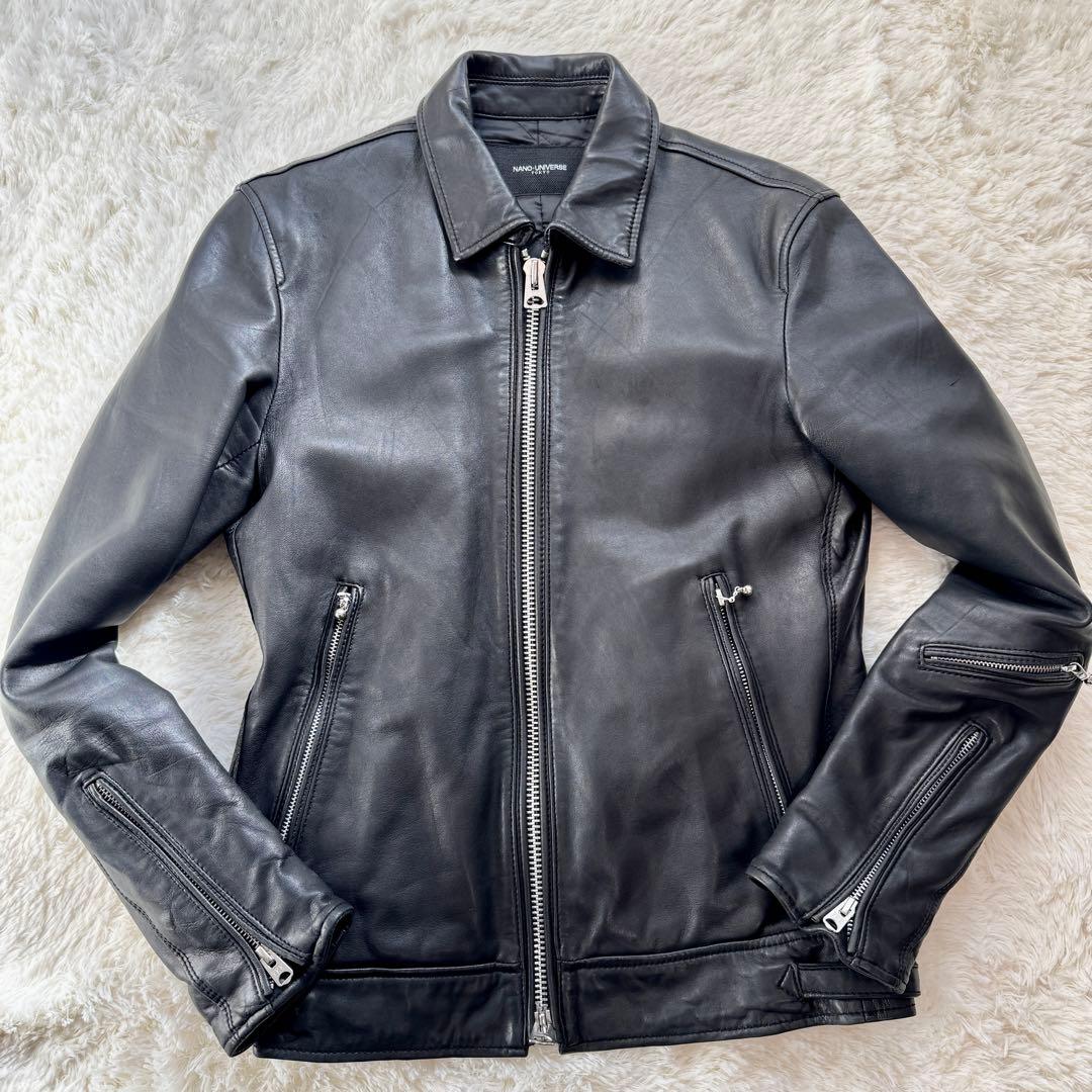 ナノユニバース レザージャケット 羊革 ラムレザー ブラック 裏地キルティング